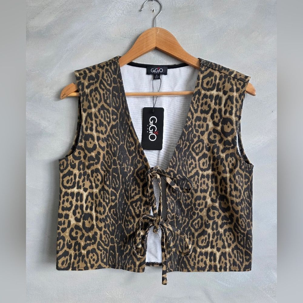 GiGiO Leopard print tie Front Vest Cotton Made In USA Sz S Rave Festival Western